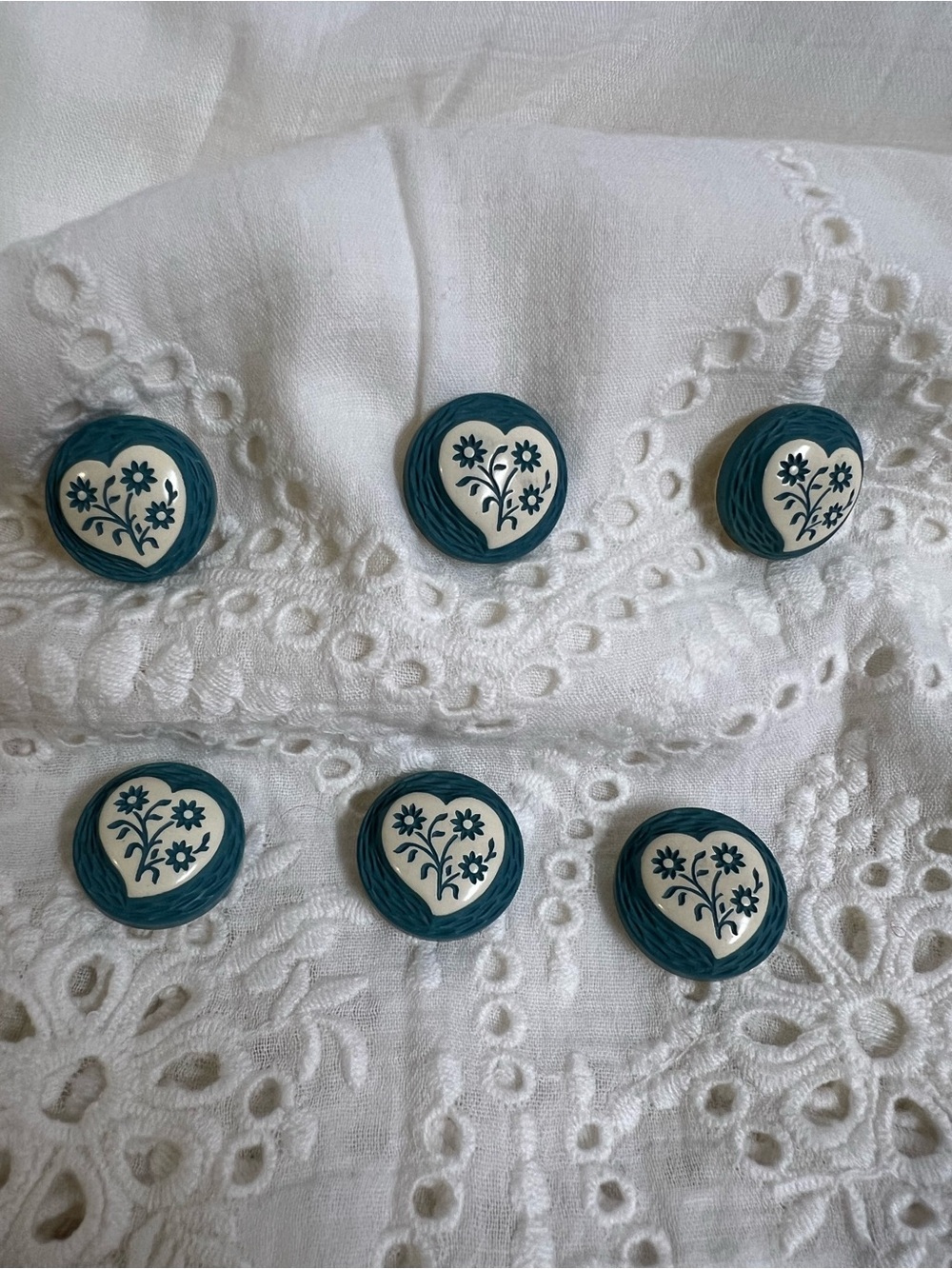 Vintage 6 Buffed Celluloid Button| 20 mm Handcrafted Teal Floral Heart